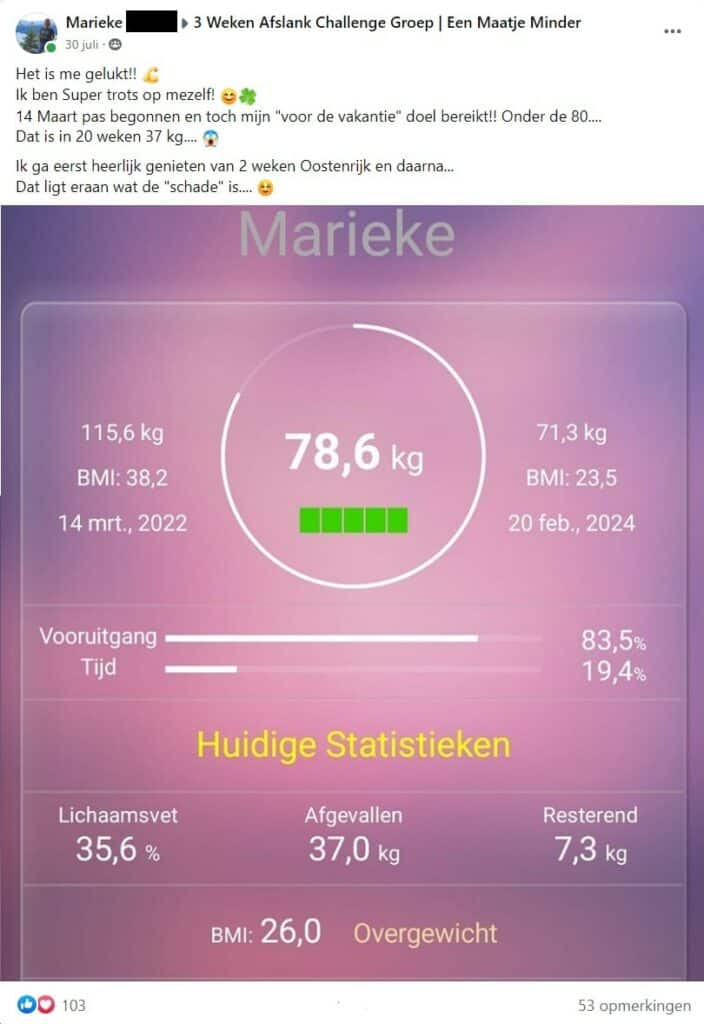 Marieke (43) viel 43 kilo af: ‘Ik wil nooit meer terug naar mijn oude lichaam’ 1 marieke fb bericht mont min