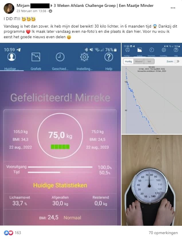Mirjam (42) viel 30 kilo af: ‘Ik ben niet bang voor een terugval, dit is hoe ik nu leef’ 2 Mirjam fb bericht aad min